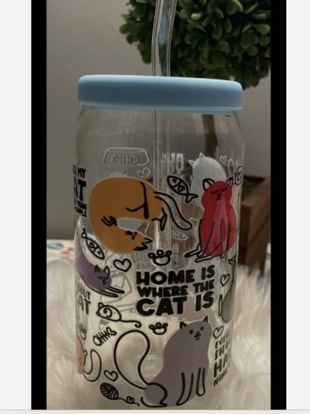Cat’s Glass Cup with Lid & Straw – 20 oz